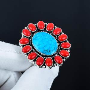 Bague en pierre précieuse turquoise et corail rouge, faite à la main, en argent sterling 925 plaqué rhodium, bijoux vintage de luxe, cadeau d'anniversaire - Product Image 4