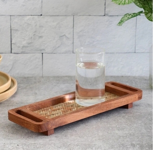 Plateau de service en bois d'acacia fait à la main avec poignée plateau de service décoratif plateau pour table de petit déjeuner décoratif - Product Image 2