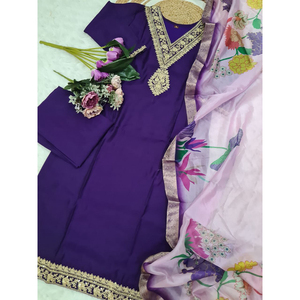 Conjunto de seda violeta Salwar Kameez hecho a mano impreso Dupatta elegante estilo Bollywood para bodas fiestas verano invierno - Product Image 1