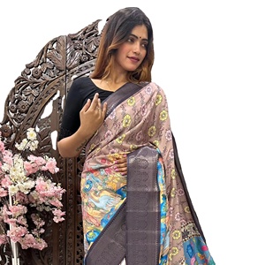 Saree Kalamkari imprimé numérique en soie Dola douce de qualité supérieure et riche avec bordure Kanjivaram pour femmes - Product Image 1