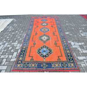 พรมตุรกีโบราณ ขนาด 4.6x10.3 ฟุต พรมลายดอกไม้สีแดงน้ำเงิน - Product Image 1