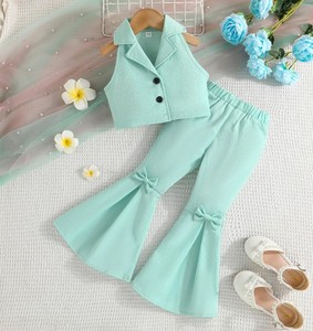 Novedad de verano, ropa sin mangas para niña, Top corto y pantalones acampanados con lazo de Color sólido, traje de dos piezas para niños, trajes rosas para niña - Product Image 3