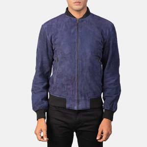 Shane Genuine Sheep Skin Blue <b>Suede</b> Bomber <b>Jacket</b> XS Reversible Zippered Water Proof Casual Aviator Biker Vintage for Autumn - Product Image 4