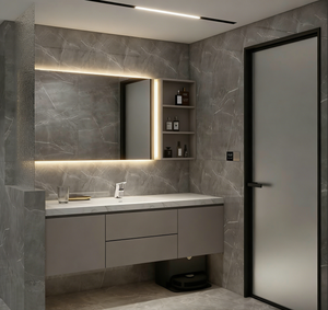 Mueble de <span class=keywords><strong>Baño</strong></span> Personalizado de Color Gris Claro, Montado en la Pared, <span class=keywords><strong>con</strong></span> Lavabo Individual, Encimera de Mármol, Espejo LED, Estantes Abiertos <span class=keywords><strong>y</strong></span> Cajones de Almacenamiento - Product Image 2