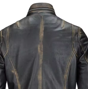 Chaqueta de cuero de motorista de estilo clásico para hombre personalizada al por mayor, chaqueta de cuero de vaca de invierno con cuello levantado, marcas rústicas naturales, negro desgastado - Product Image 4