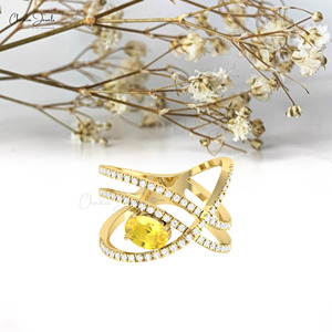 Diseñador 14K Oro sólido Multi vástago Anillo de diamante 7x5mm Corte ovalado Zafiro amarillo Infinity Crossover Anillo de bodas clásico Fábrica - Product Image 1