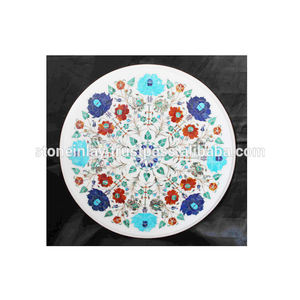 Mesa redonda con incrustaciones de mármol blanco, mesa de centro con incrustaciones de piedra antigua - Product Image 1