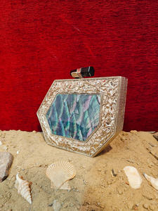 Geometric Abalone Shell Mother of <b>Pearl</b> <b>Clutch</b> with Textured Silver Frame and Statement Stone Lock Luxury Evening <b>Bag</b> - Product Image 3