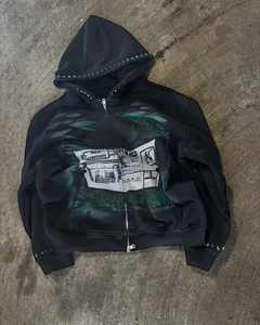 Sweats à capuche de luxe pour hommes 100% coton avec strass et lourd GSM Streetwear impression DTG personnalisée pour l'hiver - Product Image 2