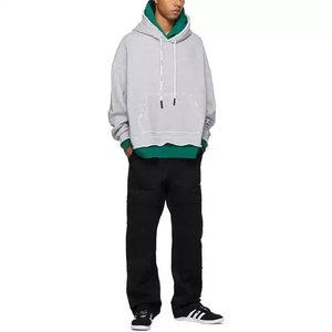 เสื้อฮู้ดผ้าฝรั่งเศสทรงหลวมแบบสวมหัวมีฮู้ดสองชั้นแบบมีขอบและกระเป๋า - Product Image 3