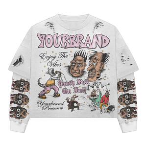 เสื้อยืดแขนยาวทรงครอปพิมพ์ลายการ์ตูนสไตล์สตรีทโอเวอร์ไซส์สำหรับผู้ชาย คอกลม ผ้าฝ้ายถัก - Product Image 2