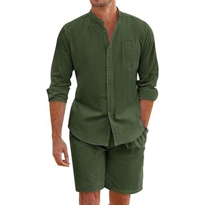 Conjuntos de Ropa Casual Diaria Transpirable de Algodón y Lino para Hombre, Camisas Vintage con Cuello Alto y Botones y Pantalones Cortos para Hombre, Ropa de Verano - Product Image 4