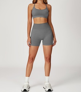 Women's 2 Piece Solid Gray Yoga Set High Waist Shorts Seamless Crop Top Racerback Sports <b>Bra</b> Workout Gym Fitness Workout Outfit - Product Image 1