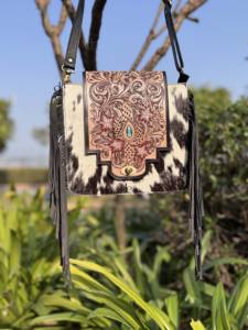 New Arrival Hand Tooled Carving Leather Fringe Handbag Hair On Hide Fur Gypsy Boho Vintage Handmade Shoulder <b>Bag</b> Stylish <b>Bags</b> - Product Image 4