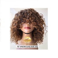 Perruque Bob Courte 12 pouces 4/30 en Cheveux Humains Vierges Indiens 100% Naturels Bouclés Brun Foncé pour Femmes, Facile à Porter, 1 Pièce