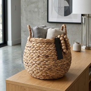 Panier de rangement en jacinthe d'eau naturelle, pot de fleurs sphérique tressé épais avec poignée en arche, décoration artistique pour l'aménagement de la pièce, artisanat d'art pur - Product Image 4