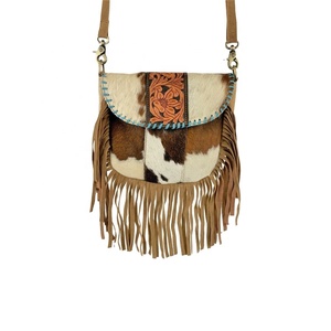 Bohemian Vintage Fashion Crossbody Genuine Leather Bag Rivet Flowers Decoration Teal Lacing Fringe <b>Top</b>-Manufacturer Exporter - Product Image 1