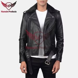 Chaqueta de Motero de Cuero Negra para Hombre con Cuello de Borrego, Piel de Cordero Genuina, Abrigo de Invierno Ajustado a la Moda - Product Image 3