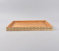 Plateau de service décoratif en bois de manguier naturel artisanal de luxe, élégant plateau rectangulaire pour table basse avec motif géométrique croisé