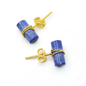 Natural Lapis Lazuli Tube <b>Stud</b> Earring Gold Plated Wire Wrapped Gemstone <b>Stud</b> Earring, Valentine Gift jewelry - Product Image 2
