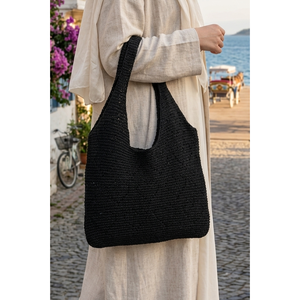 Heart Motif Knitted Summer <b>Bag</b> Vintage Lady Fashion Single Open Black <b>Straw</b> Polyester Portable for Winter Autumn Spring Use - Product Image 1