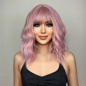 DWY <b>WIGS</b> <b>14</b> <b>Inch</b> Short Pink Wavy Curly <b>Wig</b> with Bang US Only Lace Front <b>Wigs</b> with Transparent Lace Color - Product Image 5