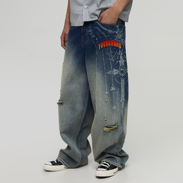 Wholesale Customized Men's Vintage Stonewashed Hip Hop Streetwear Denim Jeans Custom Screen Printed Logo Distressed Baggy Fit