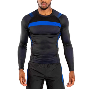 Camiseta Deportiva Ajustada de Manga Larga para Hombre, Color Negro y Azul, Bloques de Color, Absorbe la Humedad, Transpirable, para Deportes de MMA - Product Image 1