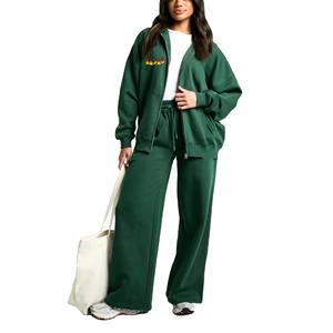 Qualité supérieure en gros 100% coton surdimensionné goutte épaule femmes survêtement pleine fermeture éclair sweat à capuche et pantalon évasé - Product Image 1