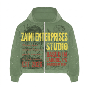 Sweat à capuche unisexe vert olive avec fermeture éclair, 380 GSM, molleton de coton brossé, coupe oversize, streetwear, impression de logo personnalisée, écologique - Product Image 1
