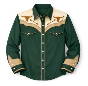 Camisa Vaquera Unisex de Manga Larga con Bordado Rodeo, Estilo Vintage Casual, Corte Ajustado, Ribete en Contraste, Personalizable OEM - Product Image 1