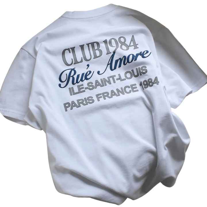 Rue Amore Script T-shirt White Unisex 250GSM Cotton Relaxed Fit Screen Printed Club 1984 Paris France Premium Streetwear Tee