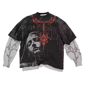 Camiseta de Algodón Vintage de Manga Larga de Doble Capa para Hombre, Impresión DTG Personalizada OEM, Lavado Ácido, Patchwork con Efecto Desgastado - Product Image 6