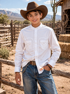 Nouvelle chemise de cowboy blanche pour adolescents, manches longues, en polyester/coton uni, style western décontracté, respirante, en popeline, pour le printemps - Product Image 6
