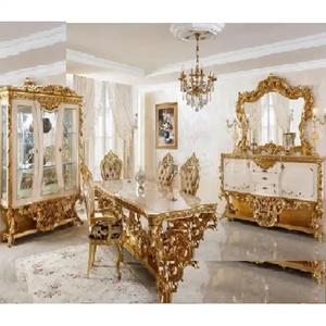 Ensemble table à manger 6 places en bois massif de style européen Mobilier de salle à manger de luxe sculpté à la main Ensemble de salle à manger en bois de teck dernier modèle - Product Image 1