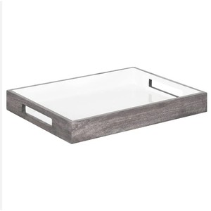 Plateau d'accent de ferme contemporain du principal fabricant, décor de service, bois de manguier massif délavé blanc et gris avec verre, style artistique - Product Image 1