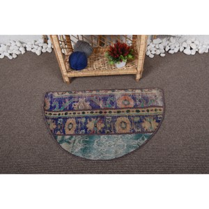 Alfombra de lana Vintage hecha a mano de 2,5x1,5 pies azul Beige Patchwork con patrón de rectángulo abstracto para sala de estar adolescente con respaldo de látex - Product Image 1