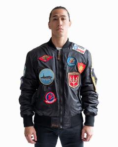 2025 vente en gros TOP GUN Nylon Bomber vestes officiel MA-1 Patch bleu marine hommes toile toile peau de vache Logo avant positionné - Product Image 3