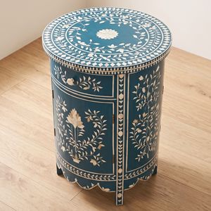 Handcrafted <b>Blue</b> Bone Inlay Round <b>Bedside</b> <b>Table</b> Luxury Nightstand Wholesale Custom Bedroom Furniture Home Decor - Product Image 3