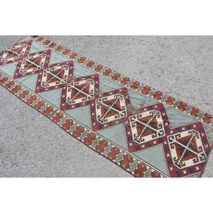 Alfombra turca étnica roja azul 2,6X7,7 pies de área grande Material de lana Patrón de retazos Látex para sala de estar Pasillo Alfombra de habitación de 10mm - Product Image 4