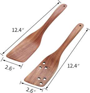 Ensemble de 2 spatules en teck, tourneur fendu en bois à long manche, ustensiles de cuisine résistants à la chaleur antiadhésifs (éclaboussures de pente) - Product Image 2