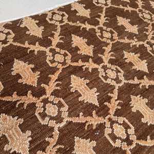 5.9x7 ft Vintage Turkish <b>Wool</b> Rug <b>Brown</b> Beige Patchwork Abstract Design with Latex Backing - Product Image 4