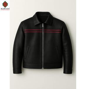 Chaqueta Bomber de Cuero Genuino Negra para Hombre con Cuello Alto y Cierre de Cremallera, Ropa Exterior Informal de Color Sólido para Invierno - Product Image 1
