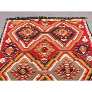Turkish Kilim Large Rug 5.2x9.5 ft (160x291 cm), Vintage <b>Red</b> Animal Print <b>Wool</b> Rug - Product Image 4