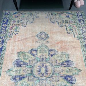 Alfombra Turca Vintage, Grande, 5.7x7.9 pies (175x241 cm), Alfombra Azul de Lana Sólida - Product Image 3