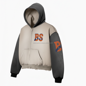 Premium 360 GSM Cotton Fleece Zipper <b>Hoodie</b> Soft Brushed Fabric Two Tone Grey <b>Beige</b> Custom Logo Embroidery basics <b>Hoodie</b> - Product Image 4