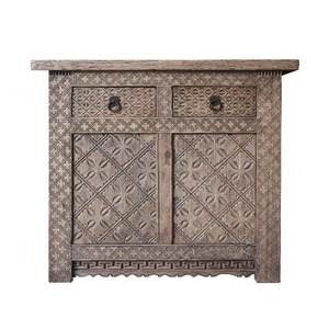 Antique Rustic Finish Modern Farmhouse Style Solid Mango <b>Wood</b> Natural Carved <b>Storage</b> Console Cabinet for Bedroom and Bathroom - Product Image 2