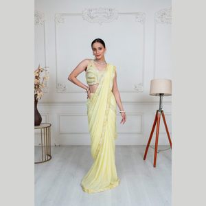 Conjunto de color limón Sari listo para usar DE LA India con golpes de calidad superior trabajo hecho a mano y detalles intrincados para todas las ocasiones - Product Image 3