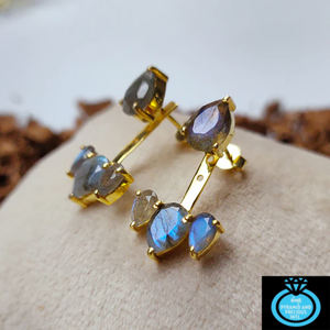 Pendientes de Labradorita Natural con Forma de Pera |   Pendientes de Botón con Piedra de Nacimiento Chapados en Oro para Mujer - Product Image 6