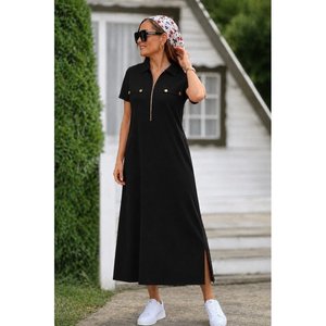 Robe longue en viscose à col et fermeture éclair, à manches courtes, pour femmes, 34659 - Noir - Product Image 2